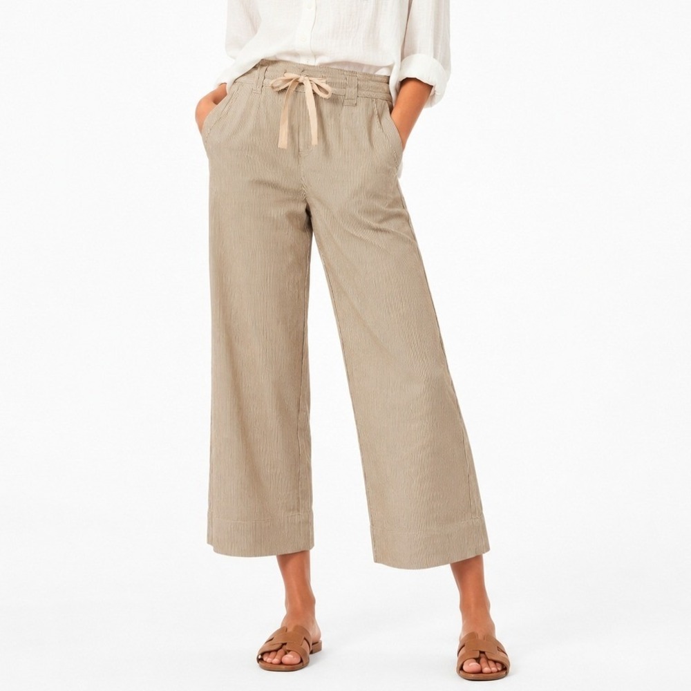 Sanctuary Lily Striped Cropped Pant Beige White Cotton Drawstring Wide Leg 28 6